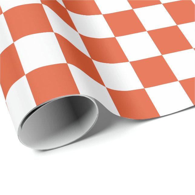 Papel De Presente Padrão de Xadrez Laranja e Branco (Ponta do rolo)