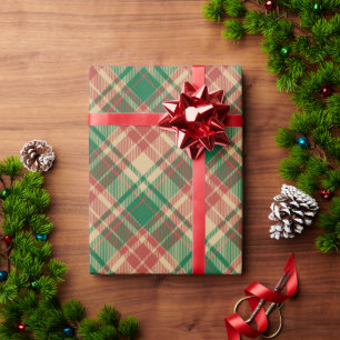 Papel De Presente Padrão de xadrez verde-vermelha da vindima natalíc