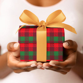 Papel De Presente Padrão de Xadrez Vermelho e Buffalo Verde de Natal