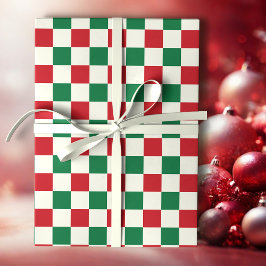 Papel De Presente Padrão de Xadrez Vermelho e Verde de Férias Retro