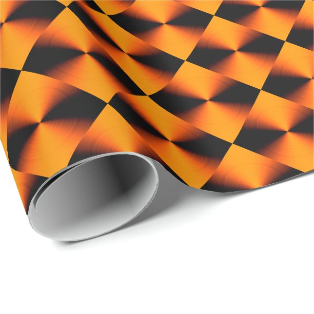 Papel De Presente Padrão de Xadrez Vermelho Laranja Preto (Ponta do rolo)