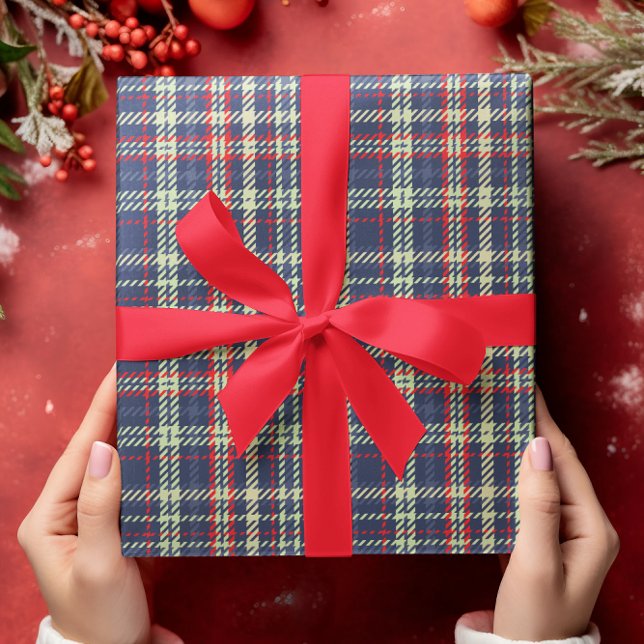Papel De Presente Padrão de Xadrez Vermelho Vermelho Vermelho Marinh (Simple Navy blue rustic plaid wrapping paper)
