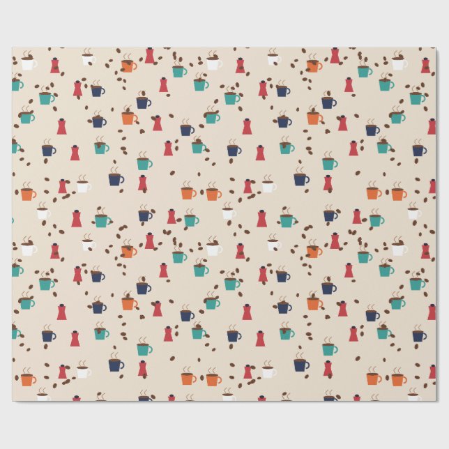 Papel De Presente Padrão de Xícaras e Grãos de Café (Aberto)