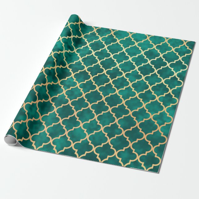 Papel De Presente Padrão Deco de Arte de Quatrefoil Verde e Dourada  (Desenrolado)