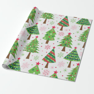 Papel De Presente Padrão Decorativo das Árvores de Natal Verdes e Fe