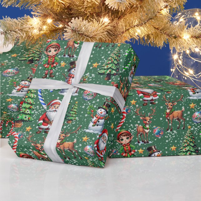 Papel De Presente Padrão Decorativo de Natal com Fundo Verde (Criador carregado)