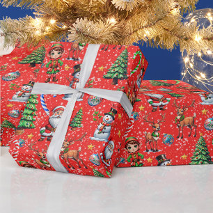 Papel De Presente Padrão Decorativo de Natal com Fundo Vermelho