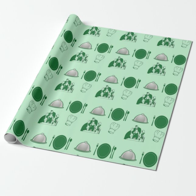 Papel De Presente padrão decorativo de restaurante verde (Desenrolado)