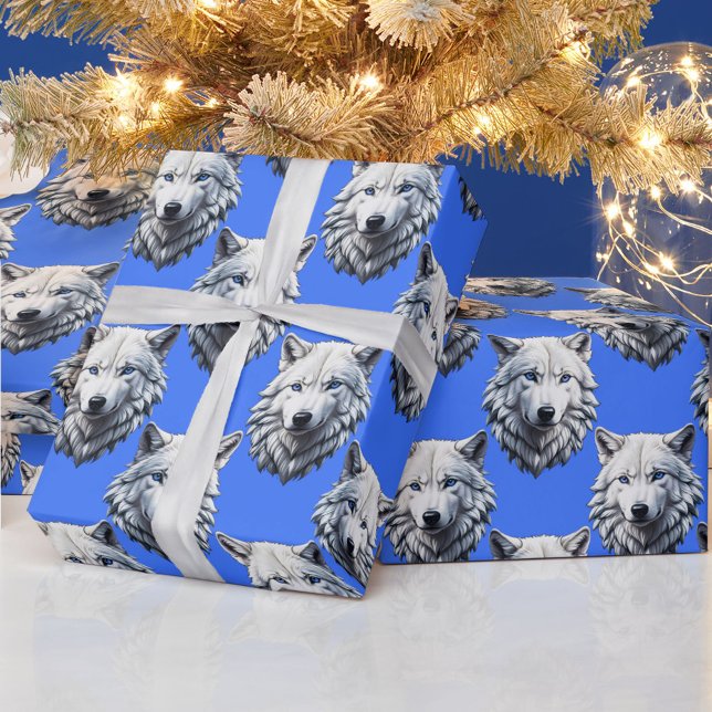 Papel De Presente Padrão Design Azul da Cabeça do Lobo Branco (Criador carregado)
