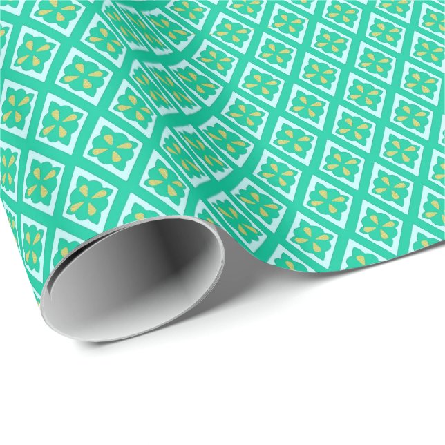 Papel De Presente Padrão diamante - verde-lacrimogêneo e aqua (Ponta do rolo)