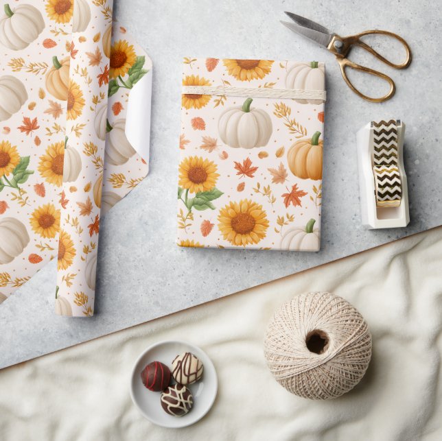 Papel De Presente Padrão do Autumn Pumpkins & Sunflower (Artesanato)