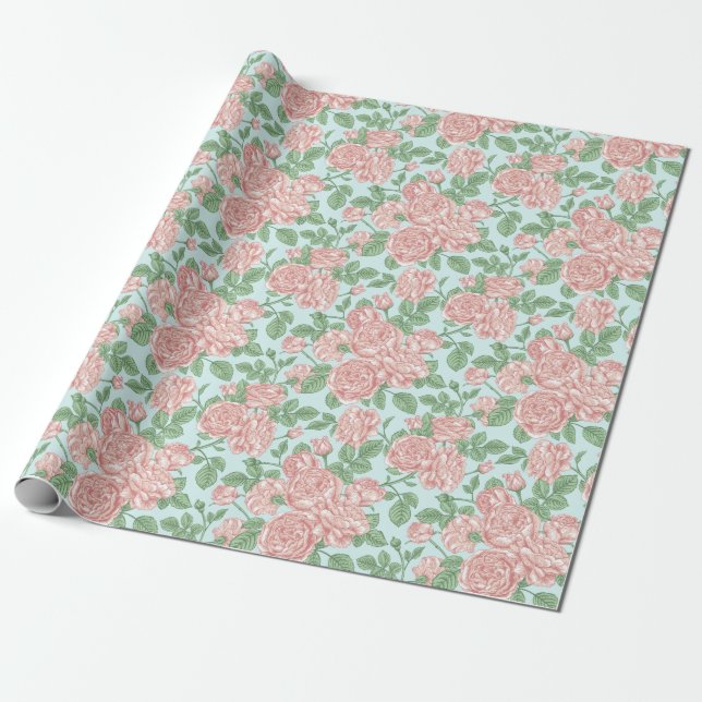 Papel De Presente Padrão do Buquê do Rosa de jardim com ventilador r (Desenrolado)
