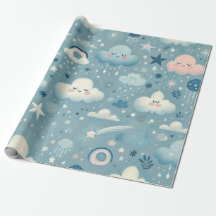 Papel De Presente Padrão do Céu Whimsical com Nuvens, Estrelas - Azu
