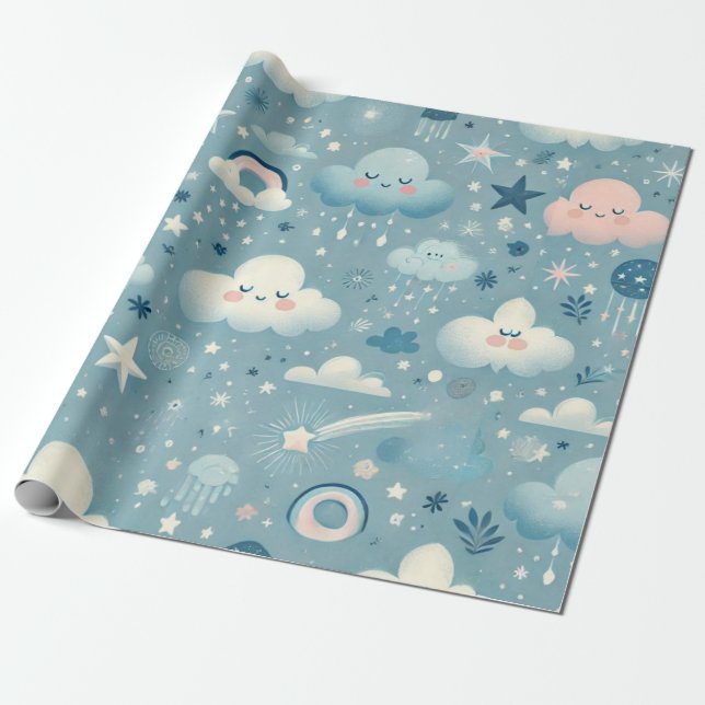 Papel De Presente Padrão do Céu Whimsical com Nuvens, Estrelas - Azu (Desenrolado)