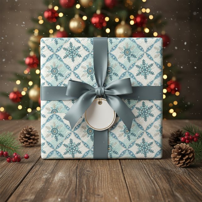Papel De Presente Padrão do Floco de Neve Azul Inclinado Inverno (Criador carregado)