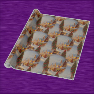 Papel De Presente Padrão do Globo de Neve da Árvore de Natal da Vila