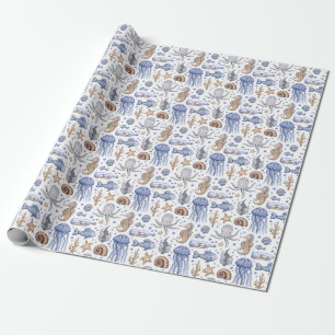 Papel De Presente Padrão Do Mar De Cores Aquáticas Pintadas À Mão.