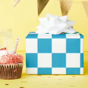 Papel De Presente Padrão do quadro de verificação branco azul