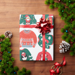 Papel De Presente Padrão do suéter de inverno doce Xmas vermelho e v