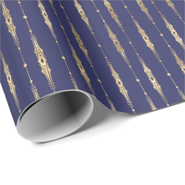Papel De Presente Padrão Dourado Azul do Marinho Elegante  (Ponta do rolo)