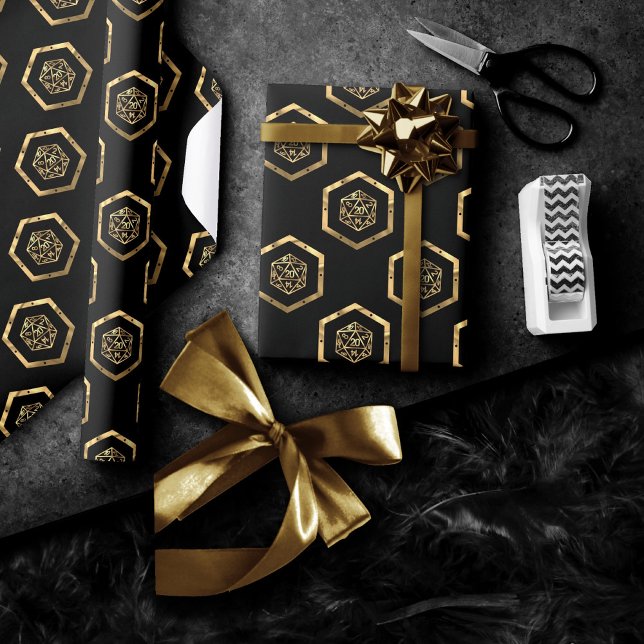 Papel De Presente Padrão Dourado D20 | Tabletop Role Player Dice (Criador carregado)