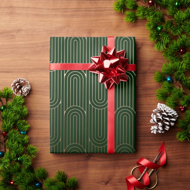 Papel De Presente Padrão Dourado da Arte Moderna Verde Festiva 102 (Presente de Natal)