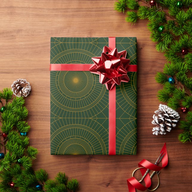 Papel De Presente Padrão Dourado da Arte Moderna Verde Festivo Deco  (Presente de Natal)