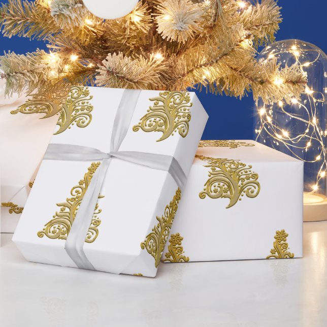 Papel De Presente Padrão Dourado da árvore de Natal elegante (Feriados)