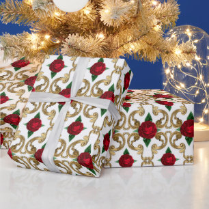 Papel De Presente Padrão Dourado da Rosa vermelha de Vintage