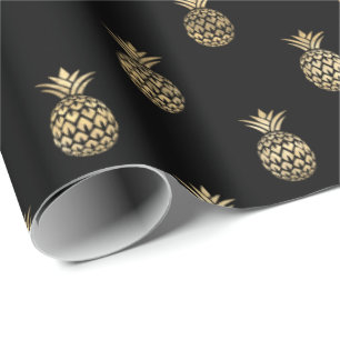 Papel De Presente Padrão Dourado de abacaxi preto tropical