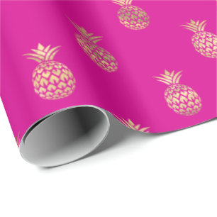 Papel De Presente Padrão Dourado de abacaxi rosa-quente tropical
