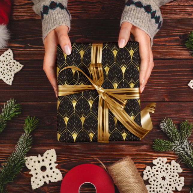 Papel De Presente Padrão Dourado de Arte Brilhante em Preto (Criador carregado)