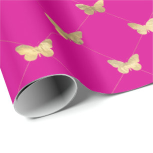 Papel De Presente Padrão Dourado de borboleta Elegante rosa-quente