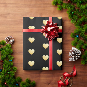 Papel De Presente Padrão Dourado de Coração Preto