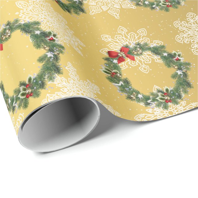 Papel De Presente Padrão Dourado de fenda de Natal e Floco de Neve (Ponta do rolo)