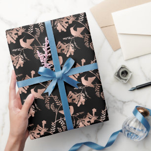 Papel De Presente Padrão Dourado de Hummingbird em preto rosa