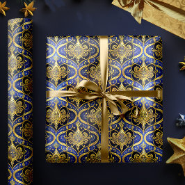 Papel De Presente Padrão Dourado de Natal Azul nº 30 ID1009