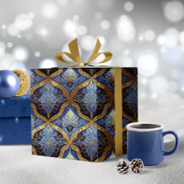Papel De Presente Padrão Dourado de Natal Azul nº 31 ID1009