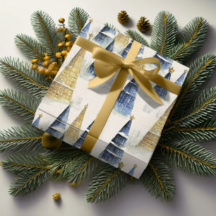 Papel De Presente Padrão Dourado de Natal Azul nº 8 ID1009