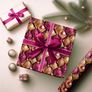 Papel De Presente Padrão Dourado de Natal magenta nº 12 ID1009