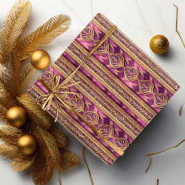 Papel De Presente Padrão Dourado de Natal magenta nº 27 ID1009
