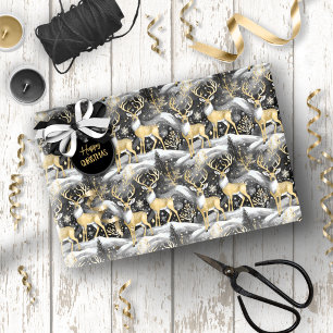 Papel De Presente Padrão Dourado de Natal preto nº 14 ID1009