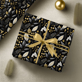 Papel De Presente Padrão Dourado de Natal preto nº 18 ID1009