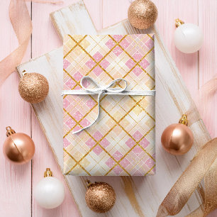 Papel De Presente Padrão Dourado de Natal rosa nº 28 ID1009