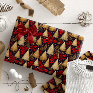 Papel De Presente Padrão Dourado de Natal Vermelho Tartan#31 ID1009