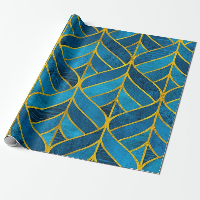Papel De Presente Padrão Dourado e azul sobre fundo verde, costura (Desenrolado)