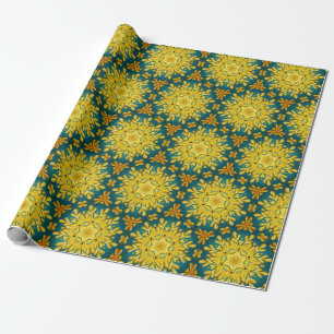 Papel De Presente Padrão Dourado e azul-turquesa de estrela de colhe