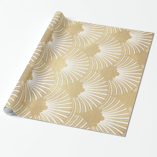 Papel De Presente Padrão Dourado e branco Art-Deco (Desenrolado)