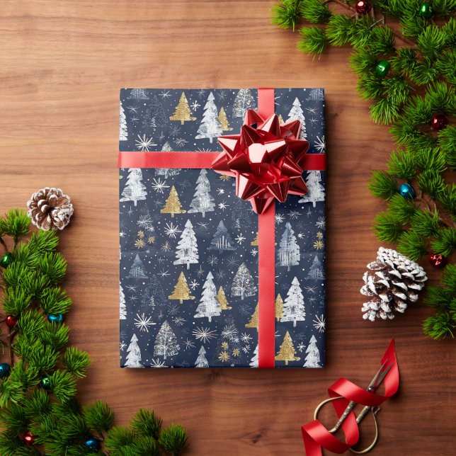 Papel De Presente Padrão Dourado e branco da árvore de Natal com est (Presente de Natal)