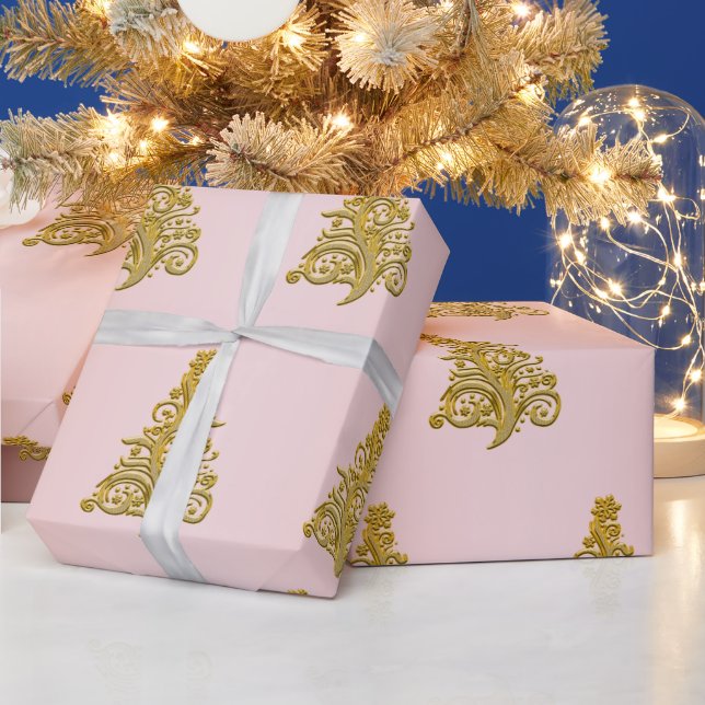 Papel De Presente Padrão Dourado e Rosa Dourado de Árvore de Natal E (Feriados)
